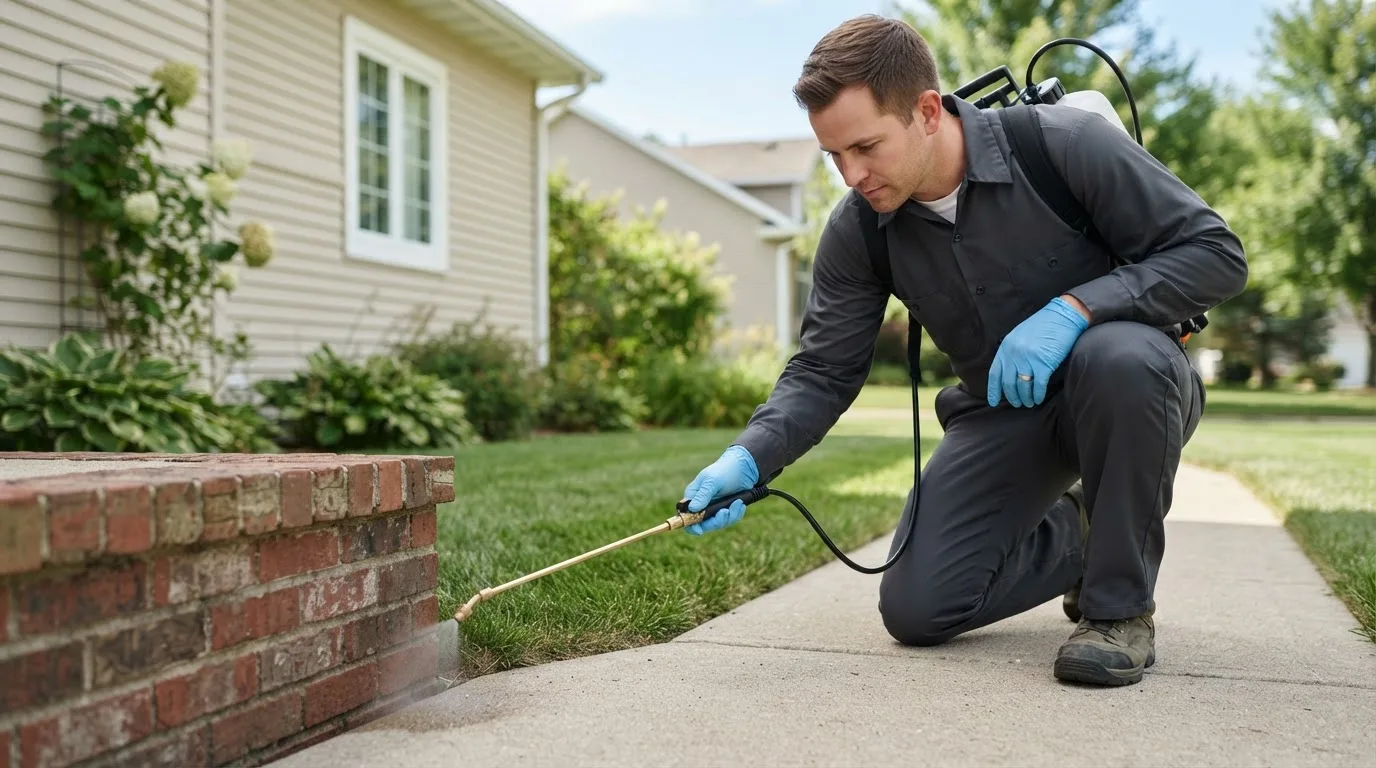 Pest control technician treating a home near Galveston, IN