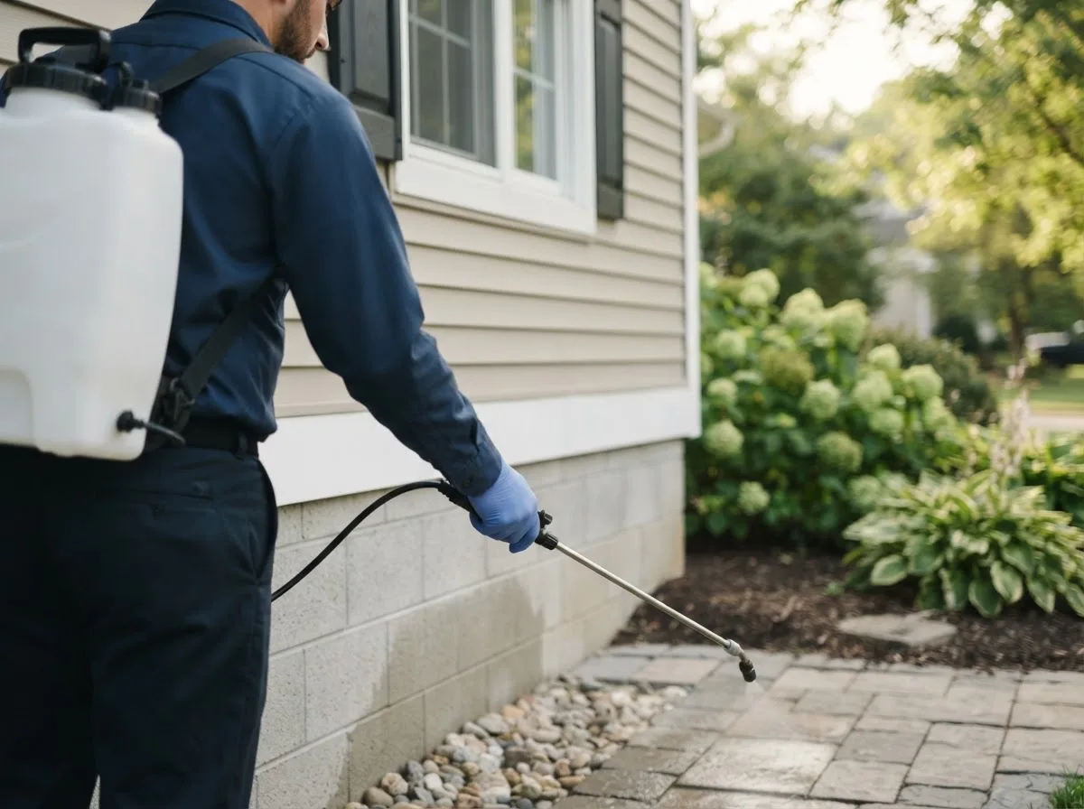 Pest control technician inspecting a home in Galveston, IN